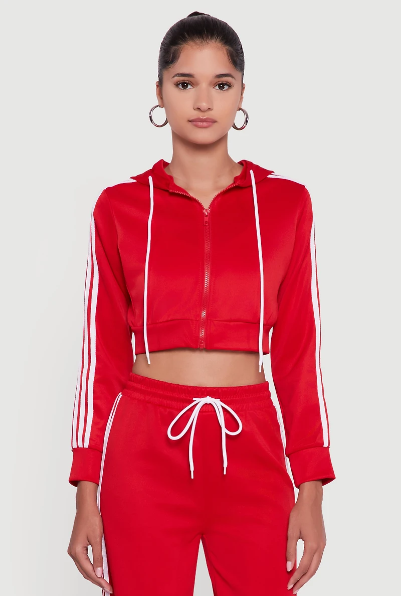 Womens Contrast Trim Hooded Zip Front Cropped Jacket, Red, Size XL
