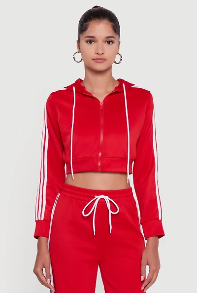 Womens Contrast Trim Hooded Zip Front Cropped Jacket, Red, Size XL
