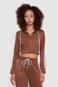 Womens Contrast Trim Hooded Zip Front Cropped Jacket, Brown,