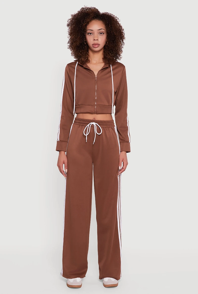 Womens Contrast Trim Hooded Zip Front Cropped Jacket, Brown,