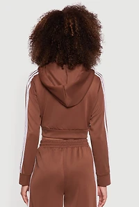 Womens Contrast Trim Hooded Zip Front Cropped Jacket, Brown,
