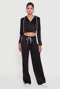 Womens Contrast Trim High Waisted Wide Leg Sweatpants,