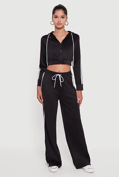 Womens Contrast Trim High Waisted Wide Leg Sweatpants,