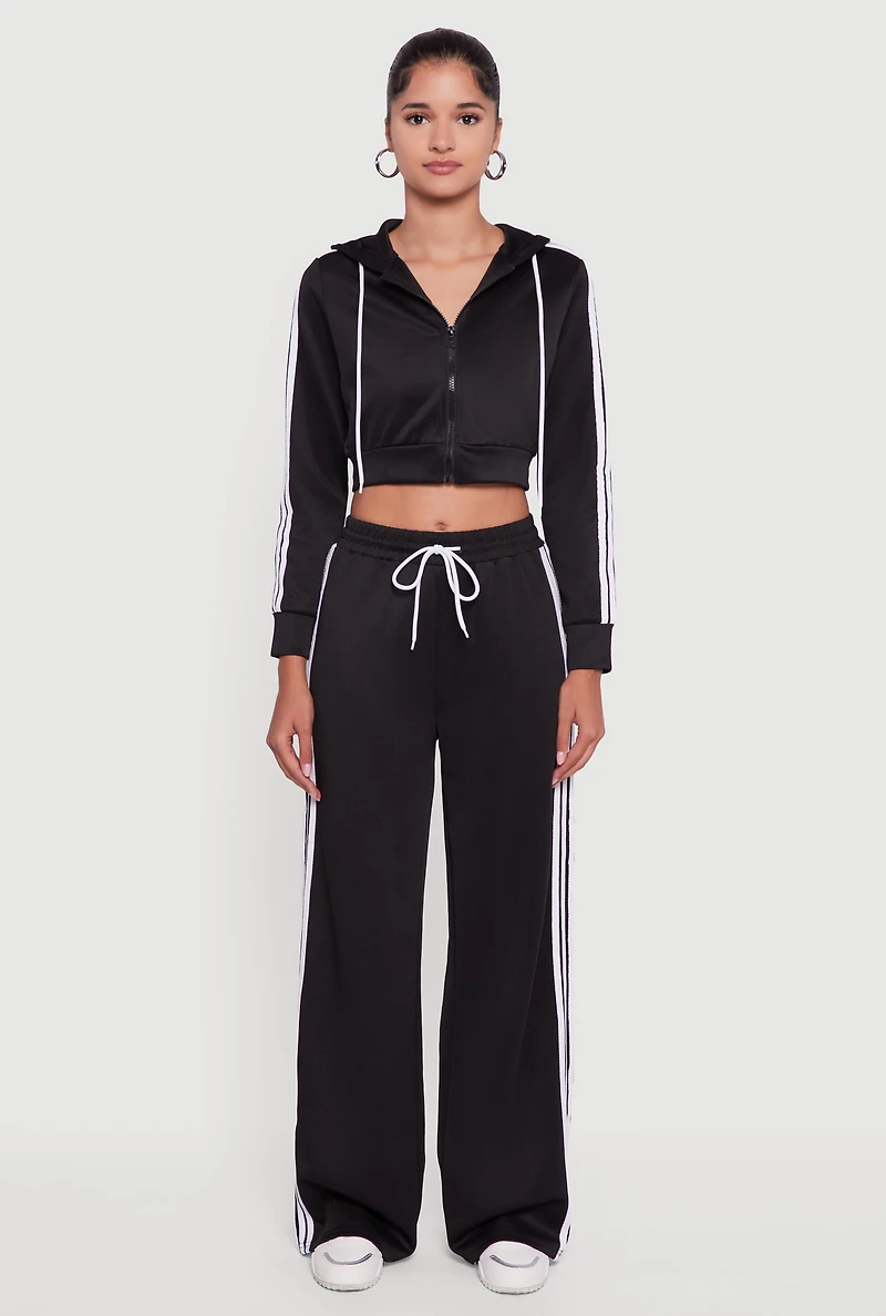Womens Contrast Trim High Waisted Wide Leg Sweatpants,
