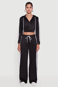Womens Contrast Trim High Waisted Wide Leg Sweatpants,
