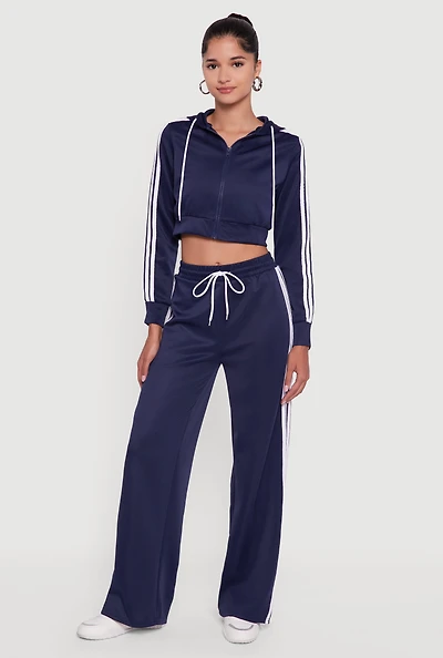 Womens Contrast Trim High Waisted Wide Leg Sweatpants,