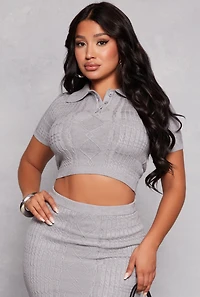 Womens Daisy Cable Knit Cropped Polo Shirt, Grey, Size L