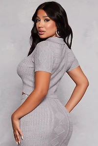 Womens Daisy Cable Knit Cropped Polo Shirt, Grey, Size L