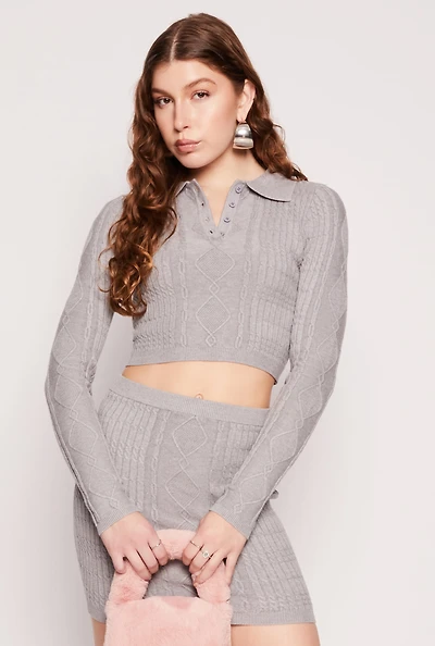 Womens Daisy Cable Knit Cropped Polo Sweater, Grey, Size XL