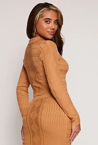 Womens Daisy Cable Knit Cropped Polo Sweater, Brown, Size XL