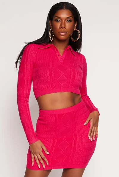 Womens Daisy Cable Knit Cropped Polo Sweater, Red, Size S