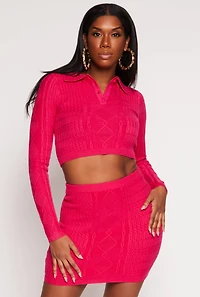 Womens Daisy Cable Knit Cropped Polo Sweater, Red, Size S