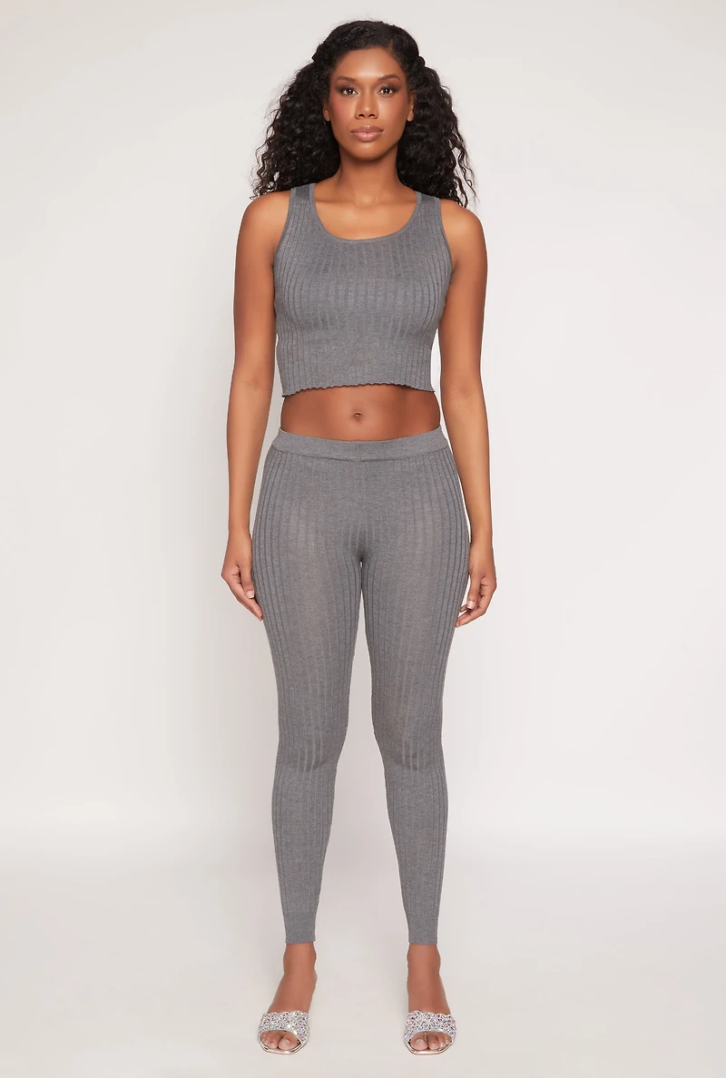 Womens Daisy Ribbed Knit High Waisted Leggings, Grey,