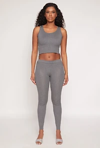 Womens Daisy Ribbed Knit High Waisted Leggings, Grey,