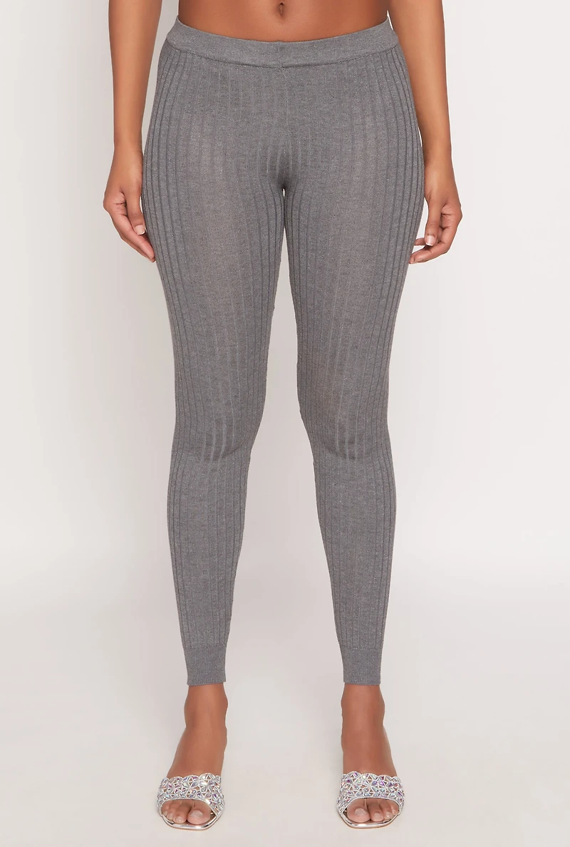 Womens Daisy Ribbed Knit High Waisted Leggings, Grey,
