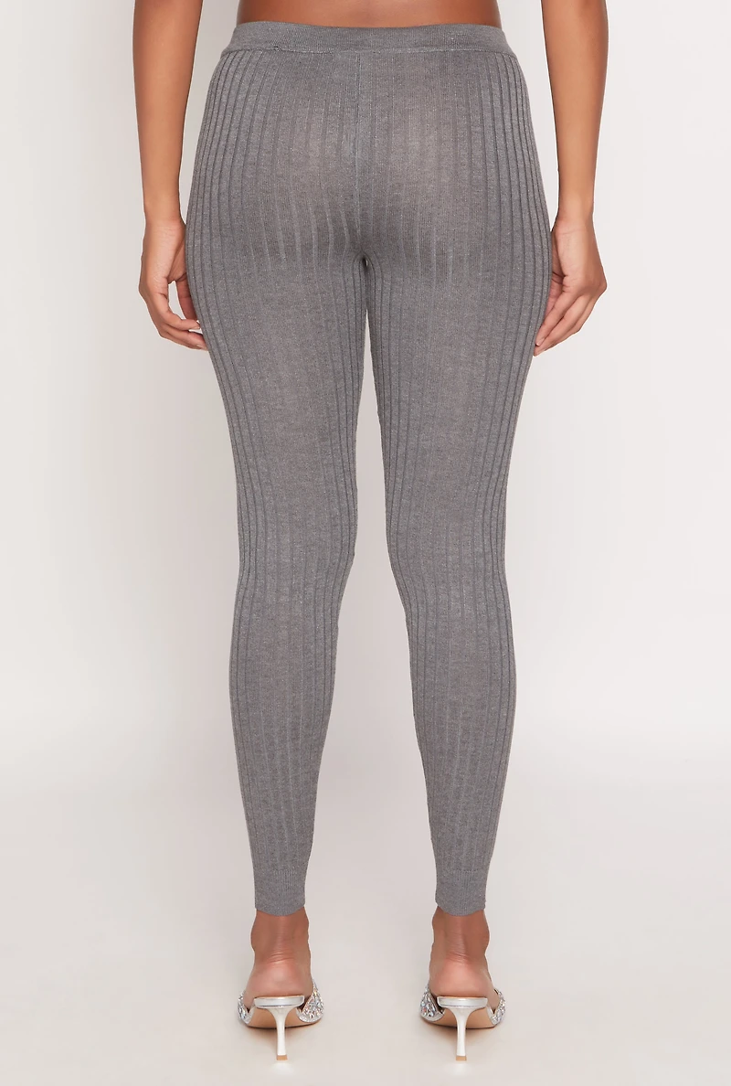 Womens Daisy Ribbed Knit High Waisted Leggings, Grey,