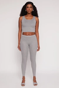 Womens Daisy Ribbed Knit High Waisted Leggings, Grey,