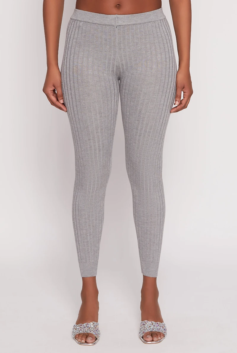 Womens Daisy Ribbed Knit High Waisted Leggings, Grey,