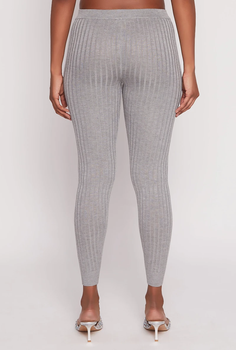 Womens Daisy Ribbed Knit High Waisted Leggings, Grey,