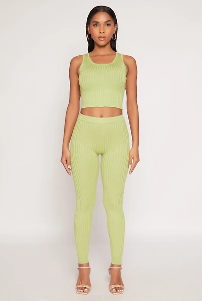 Womens Daisy Ribbed Knit High Waisted Leggings, Green,