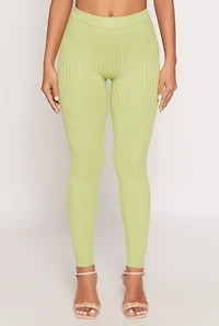 Womens Daisy Ribbed Knit High Waisted Leggings, Green,