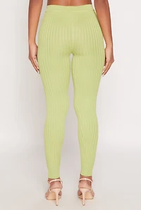 Womens Daisy Ribbed Knit High Waisted Leggings, Green,
