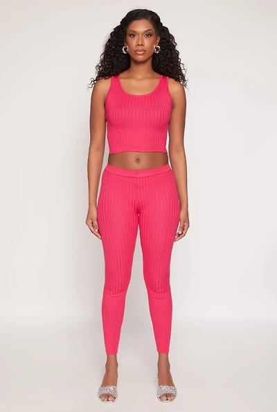 Womens Daisy Ribbed Knit High Waisted Leggings, Pink, Size XL