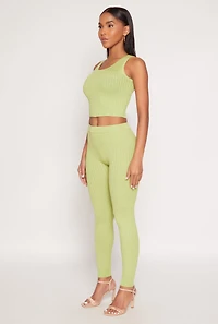 Womens Daisy Ribbed Knit Cropped Tank Top, Green, Size S