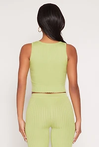 Womens Daisy Ribbed Knit Cropped Tank Top, Green, Size S