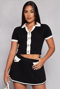 Daisy Knit Contrast Trim Button Front Top