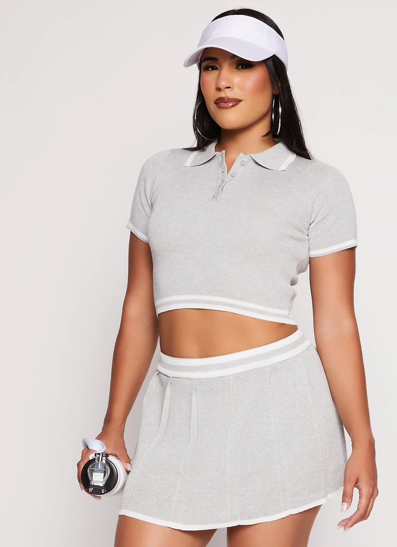 Womens Daisy Knit Varsity Stripe Cropped Polo Shirt, Grey, Size S