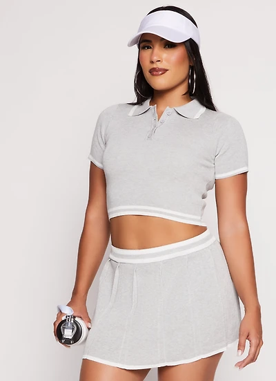 Womens Daisy Knit Varsity Stripe Cropped Polo Shirt, Grey, Size S
