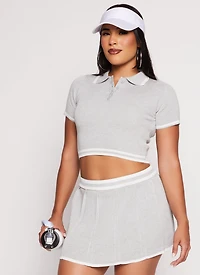 Womens Daisy Knit Varsity Stripe Cropped Polo Shirt, Grey, Size S