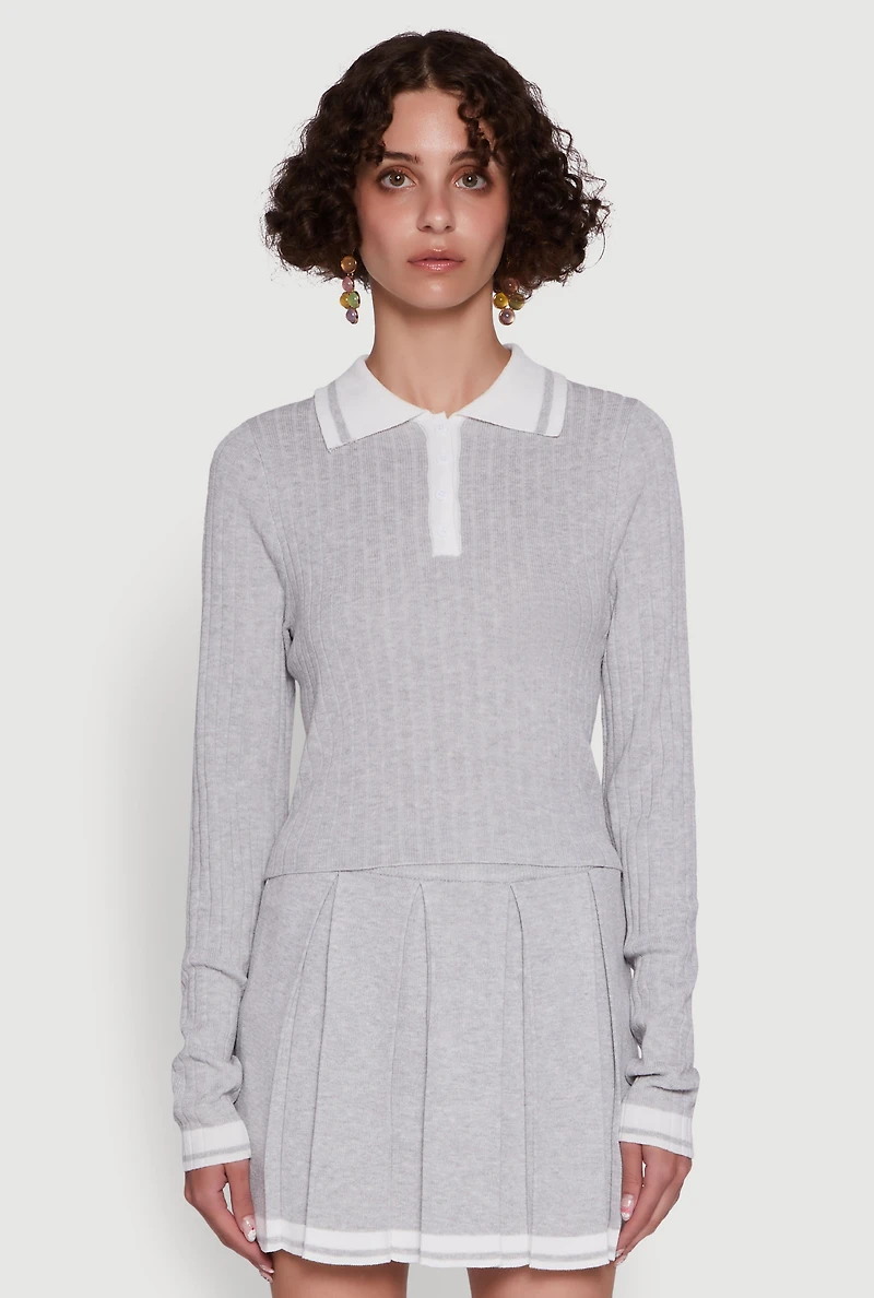 Daisy Ribbed Knit Varsity Stripe Polo Top