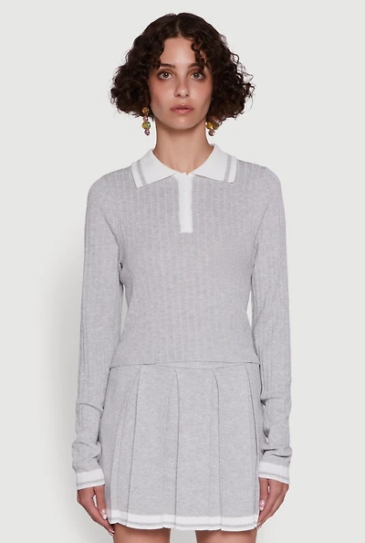 Daisy Ribbed Knit Varsity Stripe Polo Top