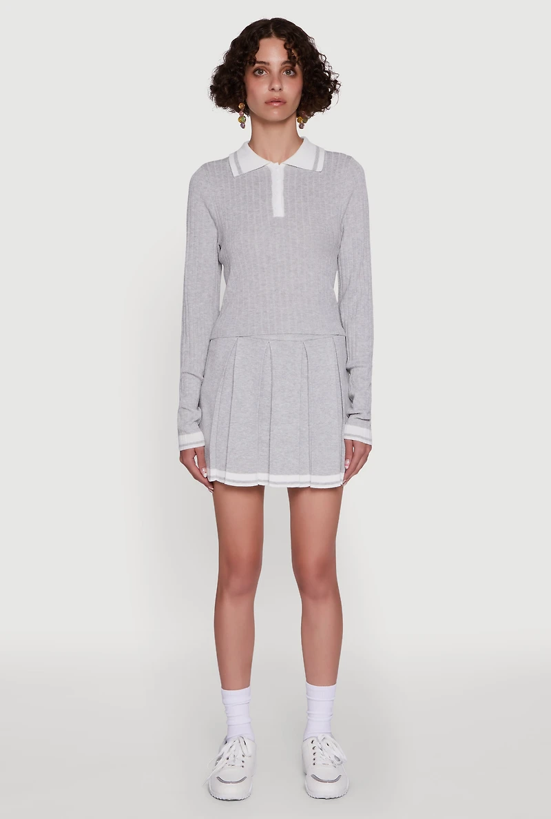 Daisy Ribbed Knit Varsity Stripe Polo Top