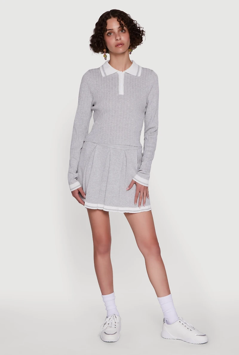 Daisy Ribbed Knit Varsity Stripe Polo Top