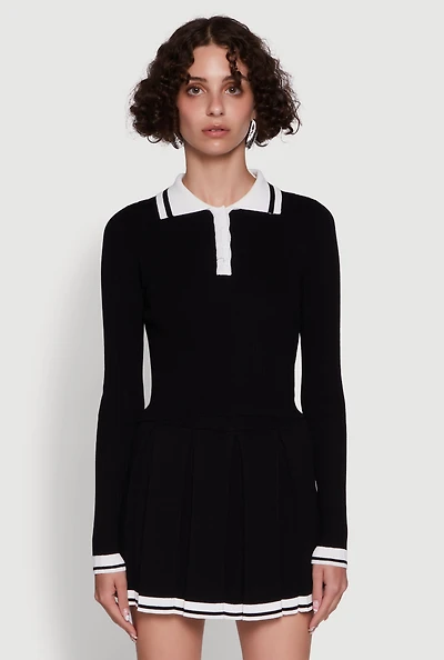 Womens Daisy Ribbed Knit Varsity Stripe Polo Top,