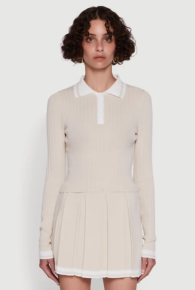 Womens Daisy Ribbed Knit Varsity Stripe Polo Top,