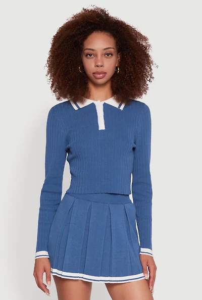 Womens Daisy Ribbed Knit Varsity Stripe Polo Top,