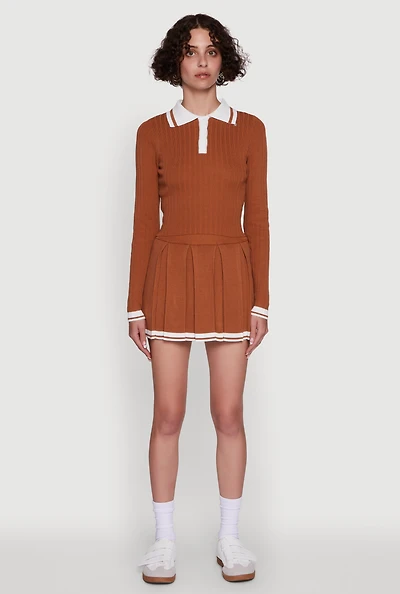 Womens Daisy Ribbed Knit Varsity Stripe Polo Top,