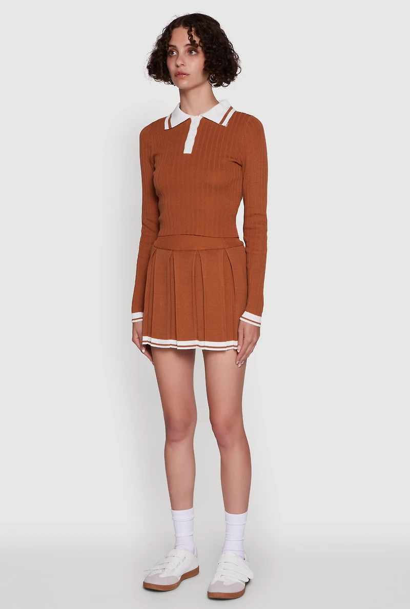 Daisy Ribbed Knit Varsity Stripe Polo Top