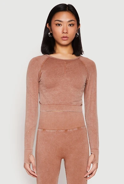 Womens Daisy Seamless Acid Wash Long Sleeve Crop Top, Brown, Size L
