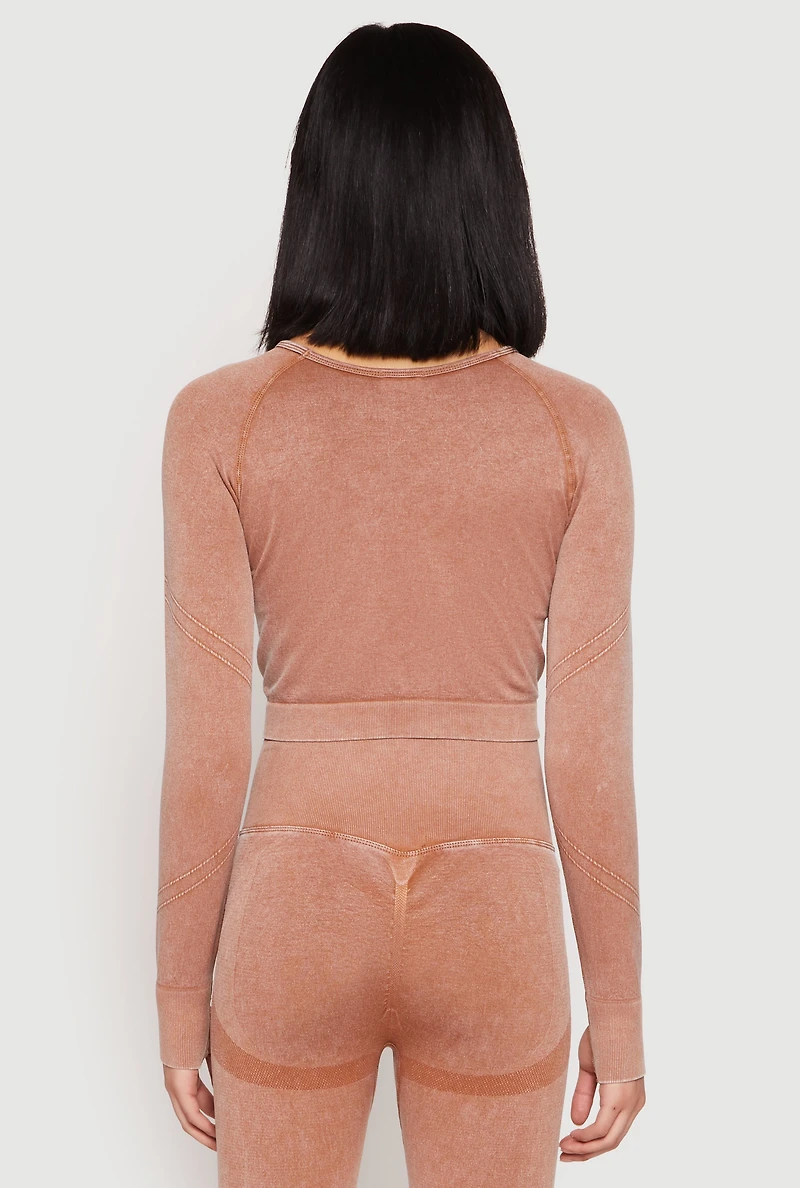 Womens Daisy Seamless Acid Wash Long Sleeve Crop Top, Brown, Size S