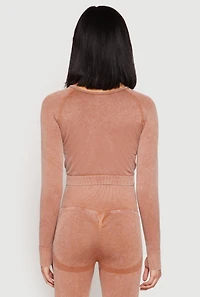 Womens Daisy Seamless Acid Wash Long Sleeve Crop Top, Brown, Size S