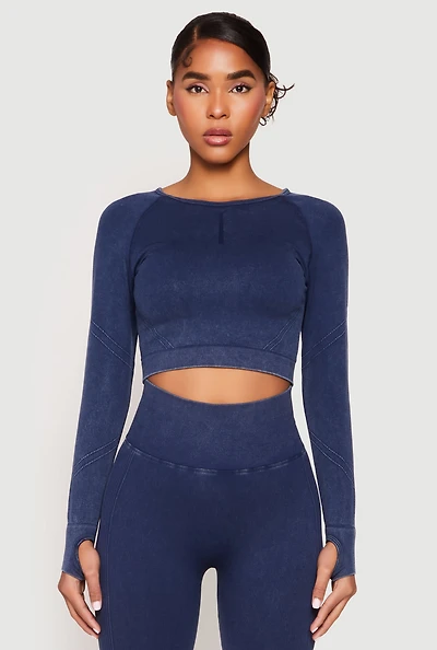Womens Daisy Seamless Acid Wash Long Sleeve Crop Top,