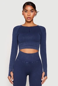 Womens Daisy Seamless Acid Wash Long Sleeve Crop Top,