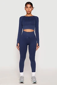 Womens Daisy Seamless Acid Wash Long Sleeve Crop Top,