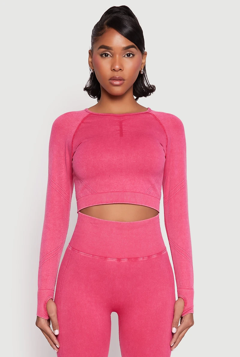 Womens Daisy Seamless Acid Wash Long Sleeve Crop Top, Pink, Size S