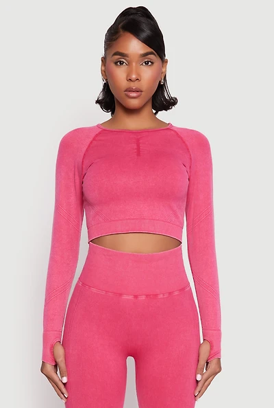 Womens Daisy Seamless Acid Wash Long Sleeve Crop Top, Pink, Size S